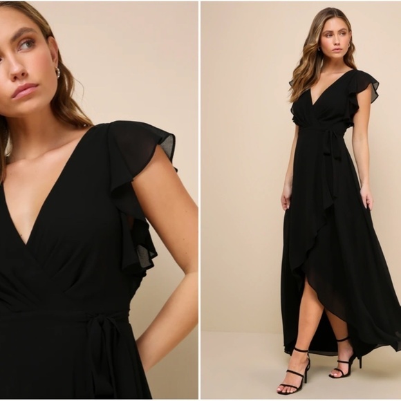 LULU's Prom Wedding Bridesmaid Elegant Romantic Ruffles Wrap Maxi Dress - Picture 3 of 4